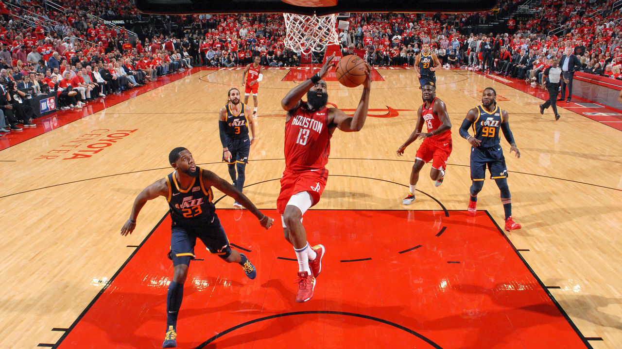 HOUSTON, TX - APRIL 17: James Harden #13 of the Houston Rockets goes to the basket against the Utah Jazz during Game Two of Round One of the 2019 NBA Playoffs on April 17, 2019 at the Toyota Center in Houston, Texas. NOTE TO USER: User expressly acknowledges and agrees that, by downloading and/or using this photograph, user is consenting to the terms and conditions of the Getty Images License Agreement. Mandatory Copyright Notice: Copyright 2019 NBAE