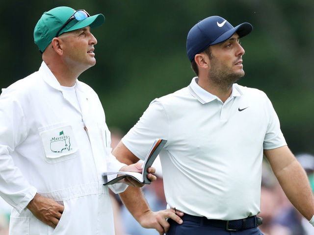 AUGUSTA, GEORGIA - APRIL 14: Francesco Molinari of Italy and caddie Pello Iguaran wait on the 12th tee during the final round of the Masters at Augusta National Golf Club on April 14, 2019 in Augusta, Georgia.