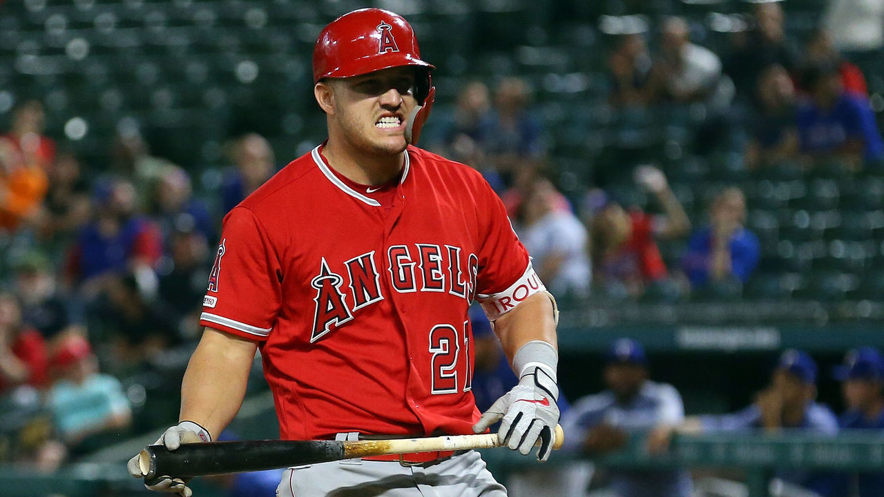 ARLINGTON, TEXAS - APRIL 17: Mike Trout #27 of the Los Angeles Angels reacts after not swinging on a pitch in the ninth inning against the Texas Rangers at Globe Life Park in Arlington on April 17, 2019 in Arlington, Texas.