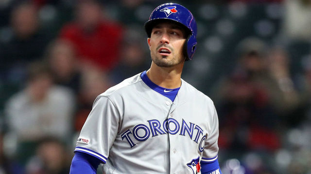 CLEVELAND, OH - APRIL 05: Toronto Blue Jays outfielder Randal Grichuk (15) at bat during the ninth inning of the Major League Baseball game between the Toronto Blue Jays and Cleveland Indians on April 5, 2019, at Progressive Field in Cleveland, OH.