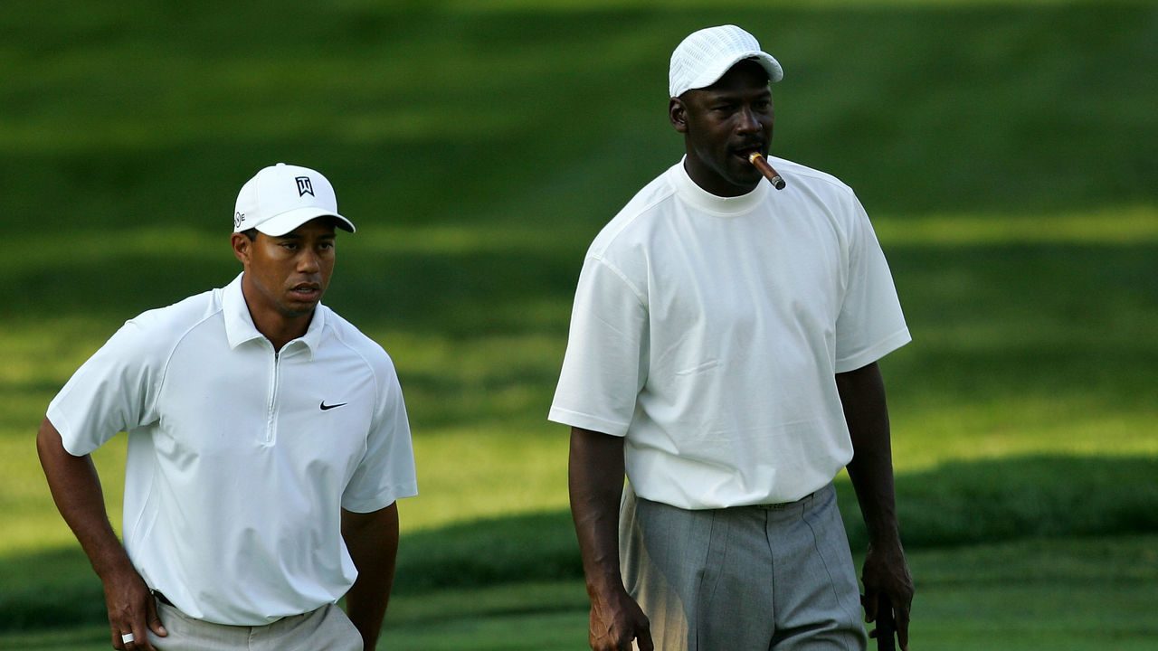 CHARLOTTE, NC - MAY 02: Tiger Woods watches on with basketball star Michael Jordan on the 5th green during the Pro-am at the Wachovia Championship at Quail Hollow Country Club on May 2, 2007 in Charlotte, North Carolina.