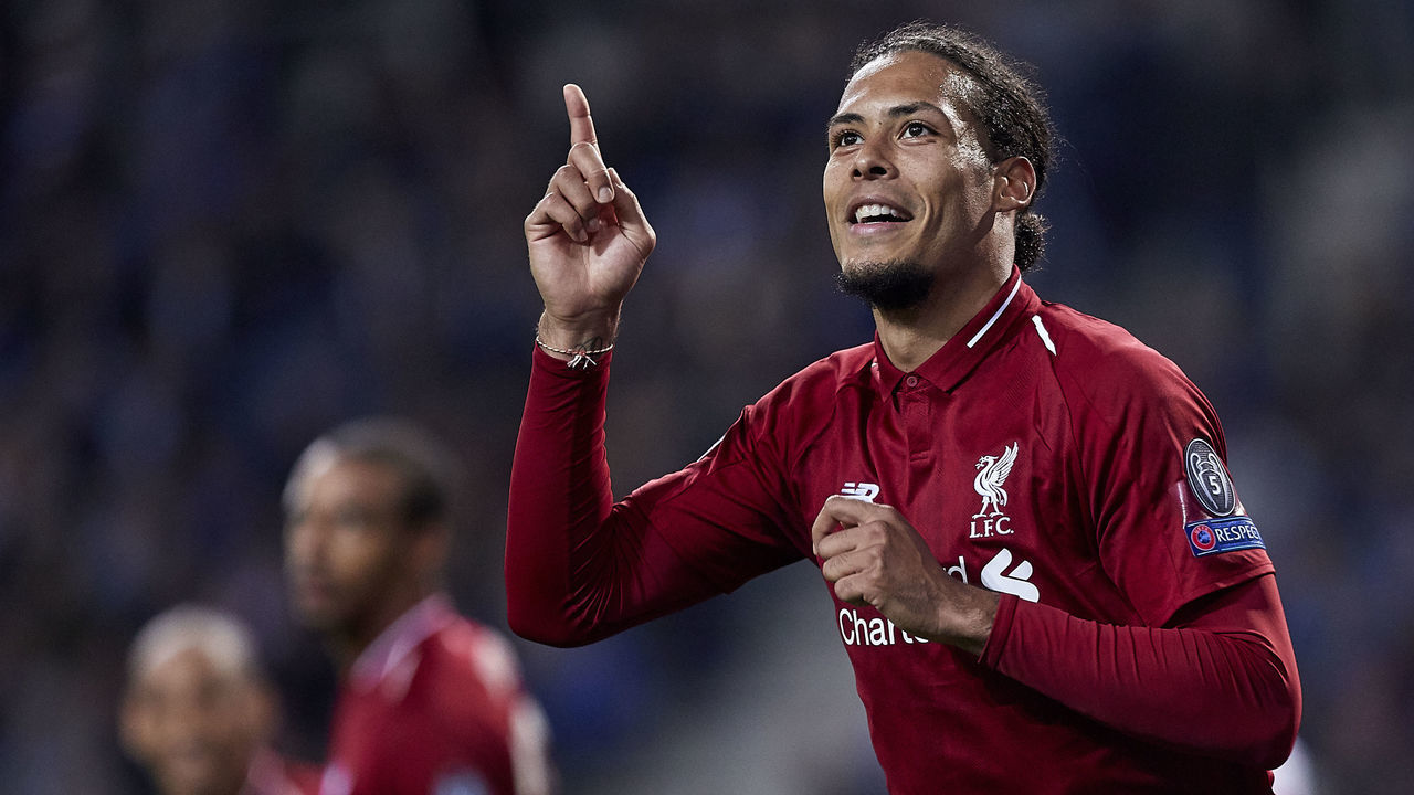 PORTO, PORTUGAL - APRIL 17: Virgil Van Dijk of Liverpool celebrates after scoring his team's fourth goal during the UEFA Champions League Quarter Final second leg match between Porto and Liverpool at Estadio do Dragao on April 17, 2019 in Porto, Portugal.