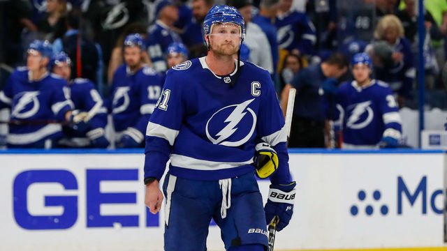 TAMPA, FL - APRIL 10: Steven Stamkos #91 of the Tampa Bay Lightning reacts to the loss against the Columbus Blue Jackets in Game One of the Eastern Conference First Round during the 2019 NHL Stanley Cup Playoffs at at Amalie Arena on April 10, 2019 in Tampa, Florida.