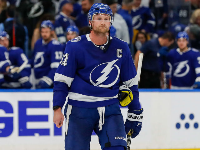 TAMPA, FL - APRIL 10: Steven Stamkos #91 of the Tampa Bay Lightning reacts to the loss against the Columbus Blue Jackets in Game One of the Eastern Conference First Round during the 2019 NHL Stanley Cup Playoffs at at Amalie Arena on April 10, 2019 in Tampa, Florida.