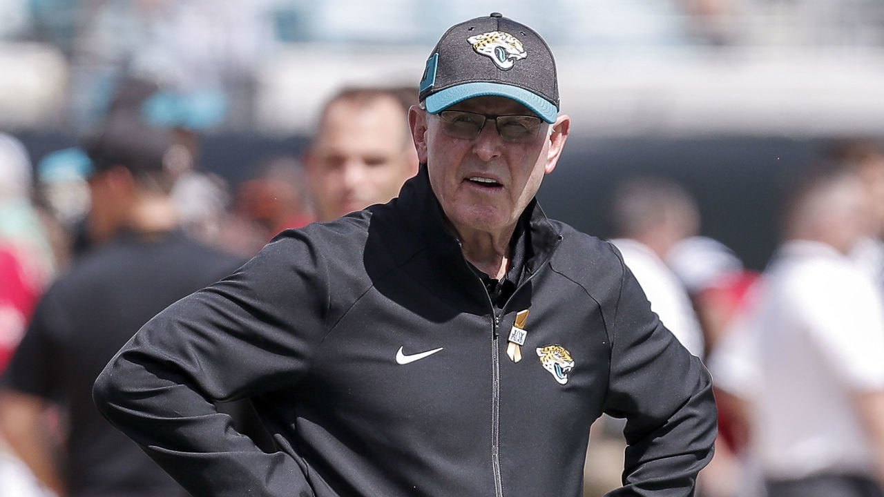 JACKSONVILLE, FL - SEPTEMBER 23: Executive Vice President of Football Operations Tom Coughlin of the Jacksonville Jaguars on the sidelines before the game against the Tennessee Titans at TIAA Bank Field on September 23, 2018 in Jacksonville, Florida. The Titans defaeted the Jagaurs 9 to 6.