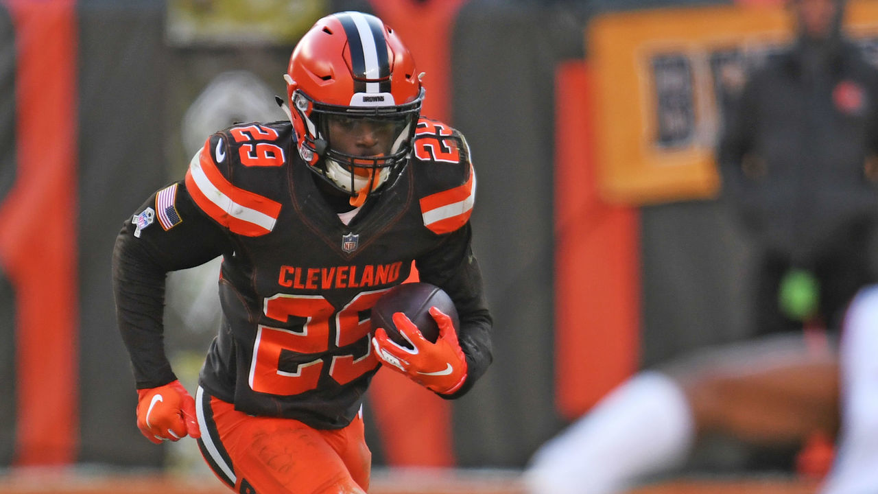 CLEVELAND, OH - NOVEMBER 11: Running back Duke Johnson #29 of the Cleveland Browns during the game against the Atlanta Falcons at FirstEnergy Stadium on November 11, 2018 in Cleveland, Ohio.