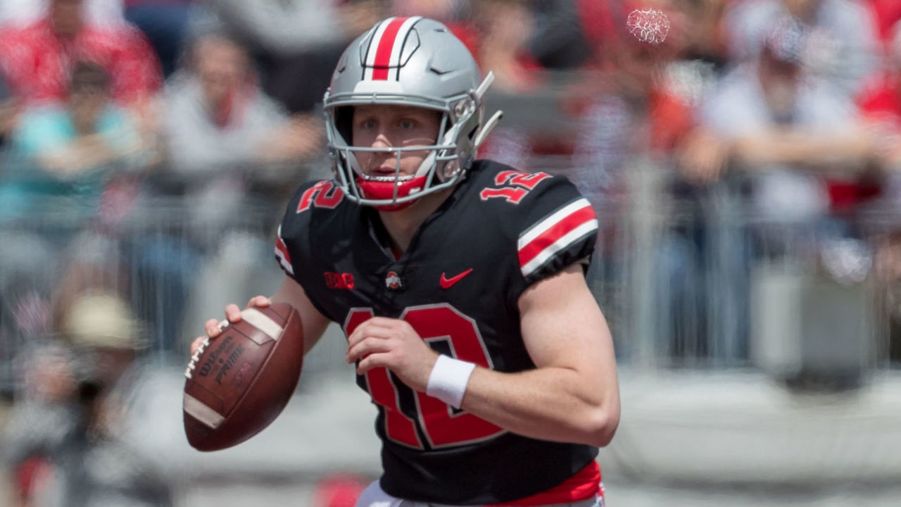 COLUMBUS, OH - APRIL 13: Ohio State Buckeyes quarterback Matthew Baldwin (12) scrambles during the Ohio State Life Sports Spring Game presented by Nationwide at Ohio Stadium in Columbus, Ohio on April 13th, 2019.