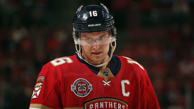 SUNRISE, FL - MARCH 10: Aleksander Barkov #16 of the Florida Panthers get set for a face off against the Detroit Red Wings at the BB&T Center on March 10, 2019 in Sunrise, Florida.
