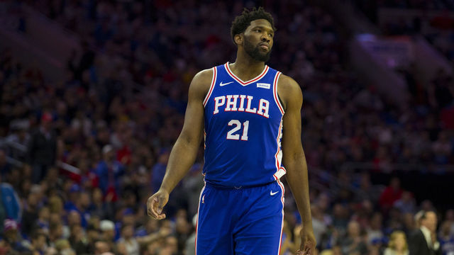 PHILADELPHIA, PA - APRIL 15: Joel Embiid #21 of the Philadelphia 76ers looks on against the Brooklyn Nets in Game Two of Round One of the 2019 NBA Playoffs at the Wells Fargo Center on April 15, 2019 in Philadelphia, Pennsylvania.
