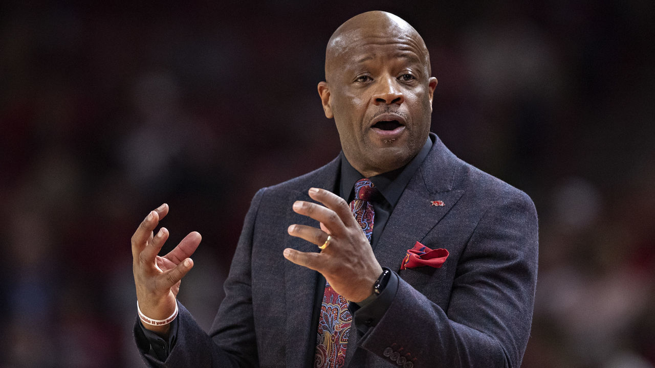 FAYETTEVILLE, AR - MARCH 9: Head Coach Mike Anderson of the Arkansas Razorbacks coaches his players during a game against the Alabama Crimson Tide at Bud Walton Arena on March 9, 2019 in Fayetteville, Arkansas. The Razorbacks defeated the Crimson Tide 82-70.