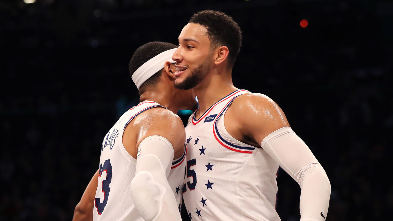 NEW YORK, NEW YORK - APRIL 18: Tobias Harris #33 and Ben Simmons #25 of the Philadelphia 76ers react in the fourth quarter against the Brooklyn Nets during game three of Round One of the 2019 NBA Playoffs at Barclays Center on April 18, 2019 in the Brooklyn borough of New York City.