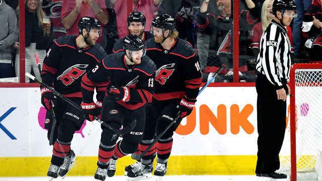 RALEIGH, NORTH CAROLINA - APRIL 18: Warren Foegele #13 of the Carolina Hurricanes celebrates with teammates after scoring a goal against the Washington Capitals in the first period in Game Four of the Eastern Conference First Round during the 2019 NHL Stanley Cup Playoffs at PNC Arena on April 18, 2019 in Raleigh, North Carolina.