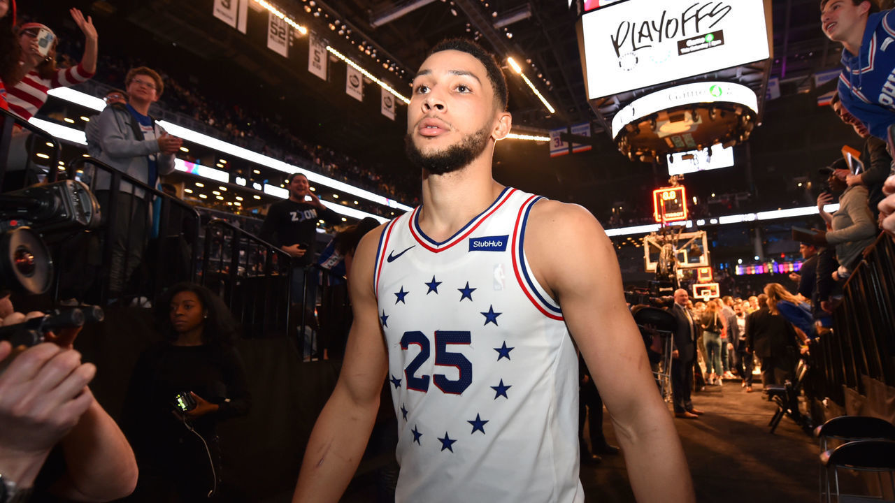 BROOKLYN, NY - APRIL 18: Ben Simmons #25 of the Philadelphia 76ers leaves the court after Game Three of Round One against the Brooklyn Nets during the 2019 NBA Playoffs on April 18, 2019 at the Barclays Center in Brooklyn, New York. NOTE TO USER: User expressly acknowledges and agrees that, by downloading and/or using this photograph, user is consenting to the terms and conditions of the Getty Images License Agreement. Mandatory Copyright Notice: Copyright 2019 NBAE