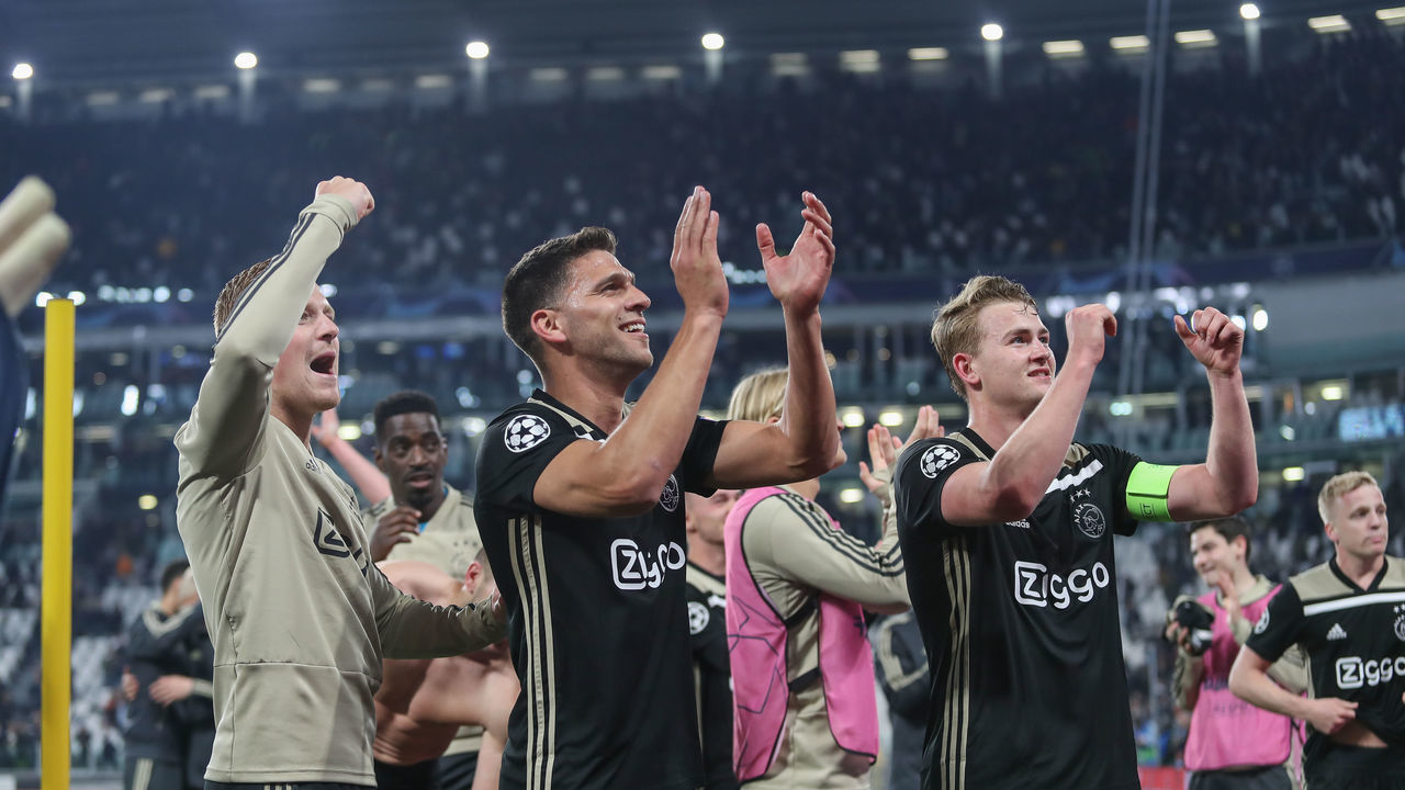 Lisandro Magallán of Ajax celebrate after winning the UEFA Champions League Quarter Final second leg match between Juventus and Ajax at Juventus Stadium on April 16, 2019 in Turin, Italy.