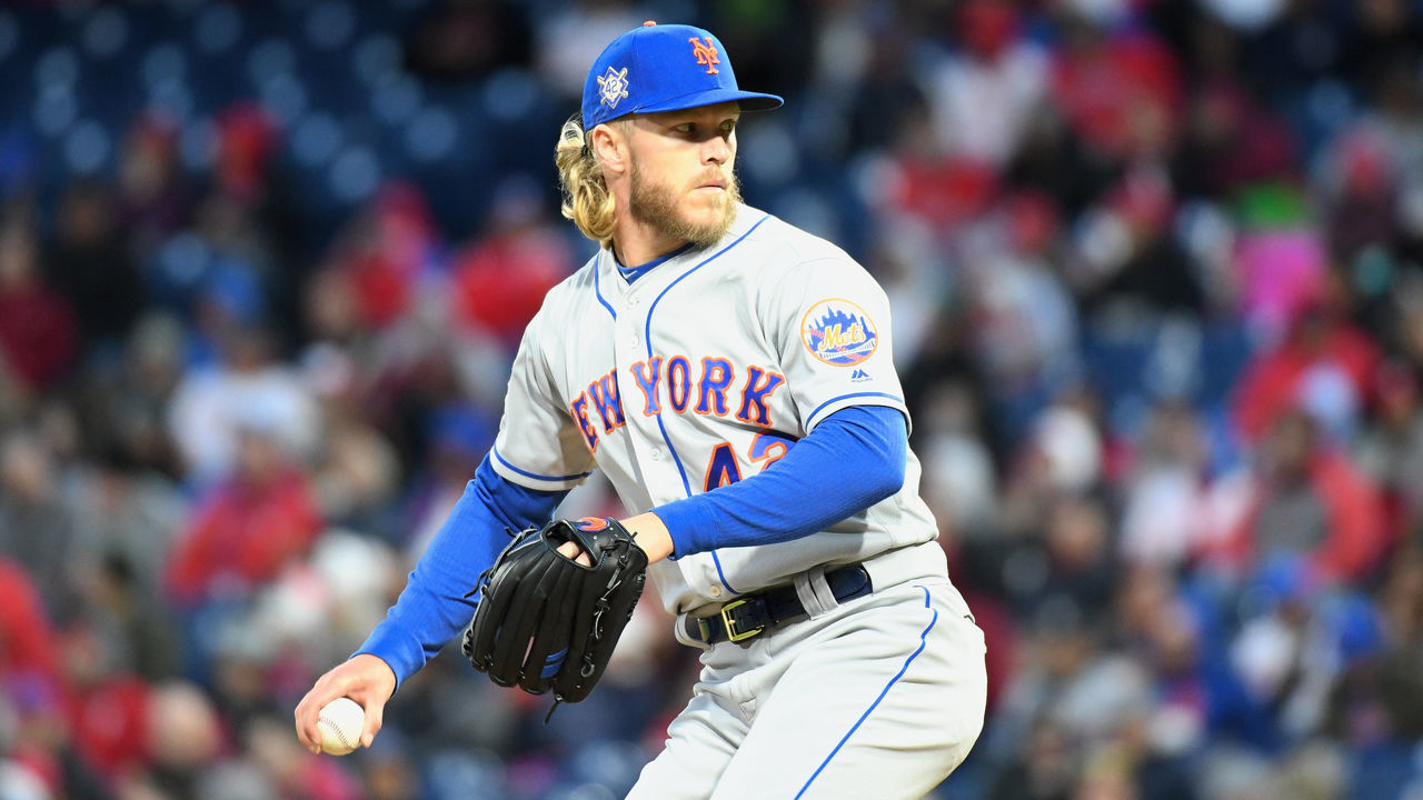 PHILADELPHIA, PA - APRIL 15: New York Mets Starting pitcher Noah Syndergaard (34) delivers a pitch during the game between the New York Mets and the Philadelphia Phillies on April 15, 2019 at Citizens Bank Park in Philadelphia, PA.