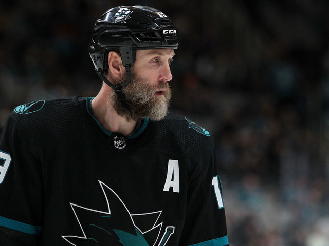 SAN JOSE, CA - MARCH 14: Joe Thornton #19 of the San Jose Sharks skates off after the play against the Florida Panthers at SAP Center on March 14, 2019 in San Jose, California