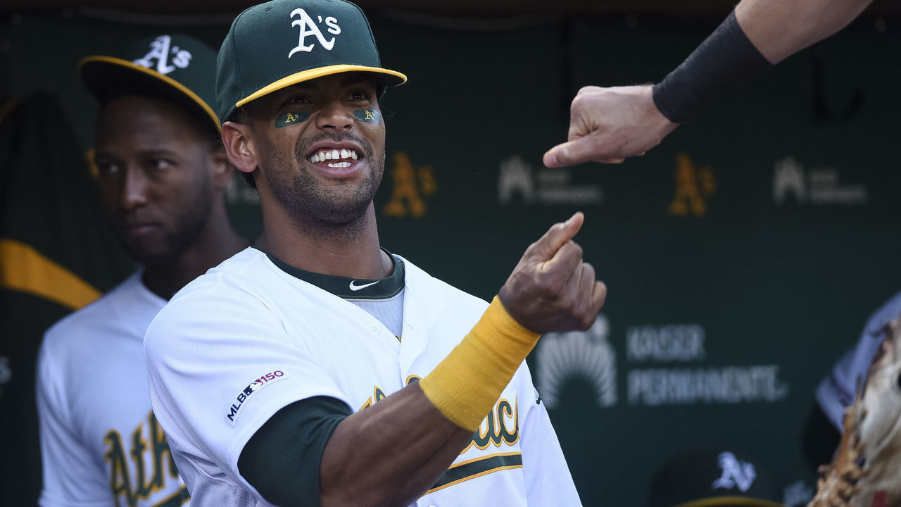 OAKLAND, CA - APRIL 17: Oakland Athletics designated hitter Khris Davis (2) prior to the Major League Baseball game between the Houston Astros and the Oakland Athletics at Oakland-Alameda County Coliseum on April 17, 2019 in Oakland, CA.