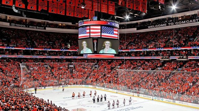 PHILADELPHIA - APRIL 18: Kate Smith on the arena vision scoreboard sings God Bless America prior to the start of a playoff game between the New Jersey Devils and the Philadelphia Flyers in Game Three of the Eastern Conference Quarterfinals during the 2010 NHL Stanley Cup Playoffs at the Wachovia Center on April 18, 2010 in Philadelphia, Pennsylvania.