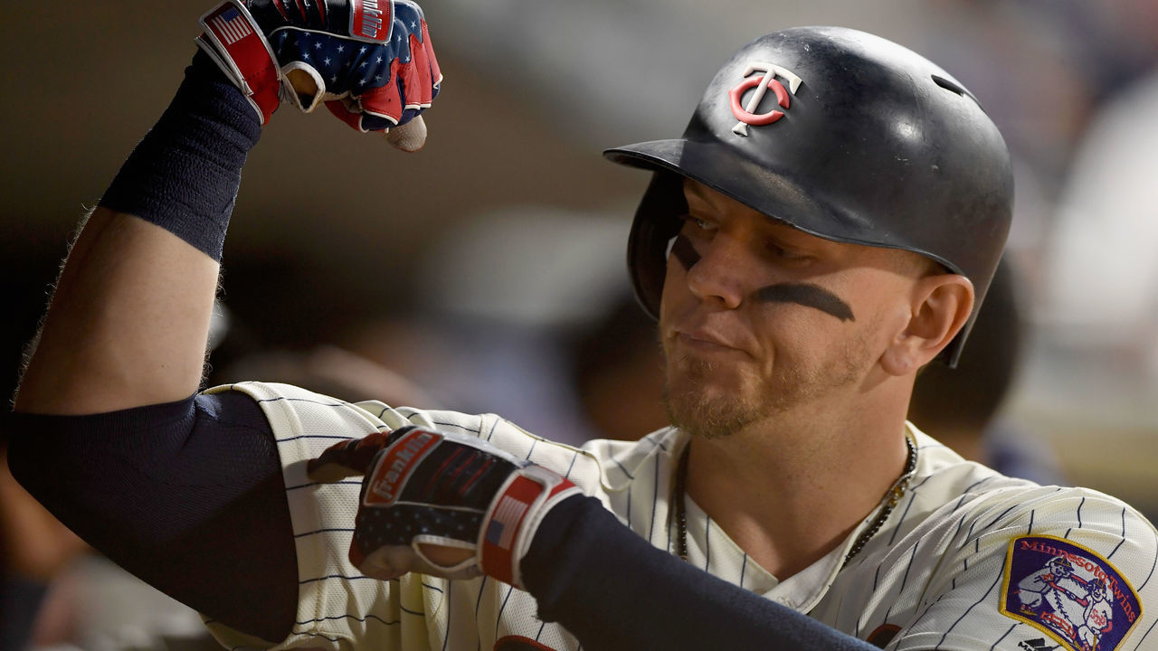 MINNEAPOLIS, MN - AUGUST 04: Logan Morrison #99 of the Minnesota Twins celebrates a solo home run against the Kansas City Royals during the seventh inning of the game on August 4, 2018 at Target Field in Minneapolis, Minnesota. The Twins defeated the Royals 8-2.