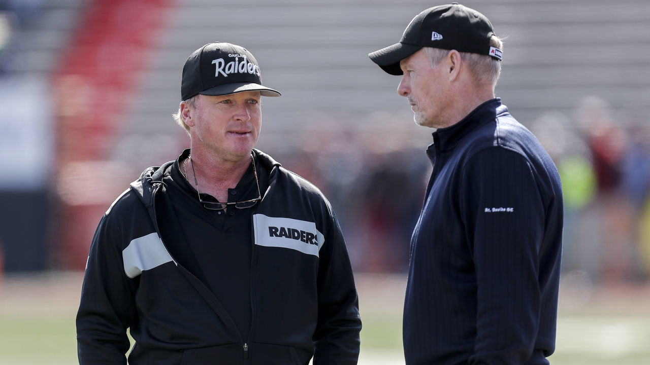 MOBILE, AL - JANUARY 26: Head Coach Jon Gruden and General Manager Mike Mayock of the Oakland Raiders of the North Team talk before the start of the 2019 Reese's Senior Bowl at Ladd-Peebles Stadium on January 26, 2019 in Mobile, Alabama. The North defeated the South 34 to 24.