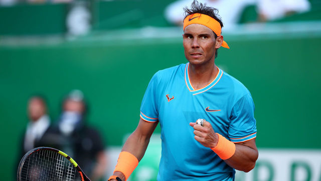 MONTE-CARLO, MONACO - APRIL 19: Rafael Nadal of Spain celebrates a point against Guido Pella of Argentinain their quarter final match during day six of the Rolex Monte-Carlo Masters at Monte-Carlo Country Club on April 19, 2019 in Monte-Carlo, Monaco.