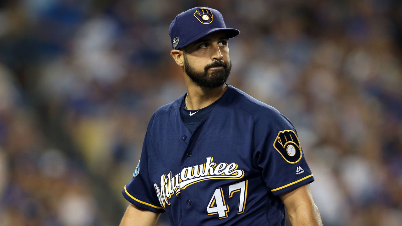LOS ANGELES, CA - OCTOBER 16: Gio Gonzalez #47 of the Milwaukee Brewers is seen after giving up a run in the first inning of Game 4 of the NLCS against the Los Angeles Dodgers at Dodger Stadium on Tuesday, October 16, 2018 in Los Angeles, California.