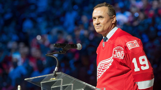 DETROIT, MI - APRIL 09: Former captain of the Detroit Red Wings Steve Yzerman speaks during post game ceremonies after the final home game ever played at Joe Louis Arena between the Detroit Red Wings and the New Jersey Devils on April 9, 2017 in Detroit, Michigan. The Wings defeated the Devils 4-1.