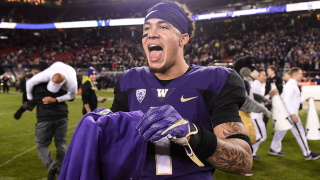 SANTA CLARA, CA - NOVEMBER 30: Washington Huskies defensive back Byron Murphy (1), who was named game MVP, celebrates after the Pac-12 Championship Game on November 30, 2018 at Levi's Stadium in Santa Clara, California.
