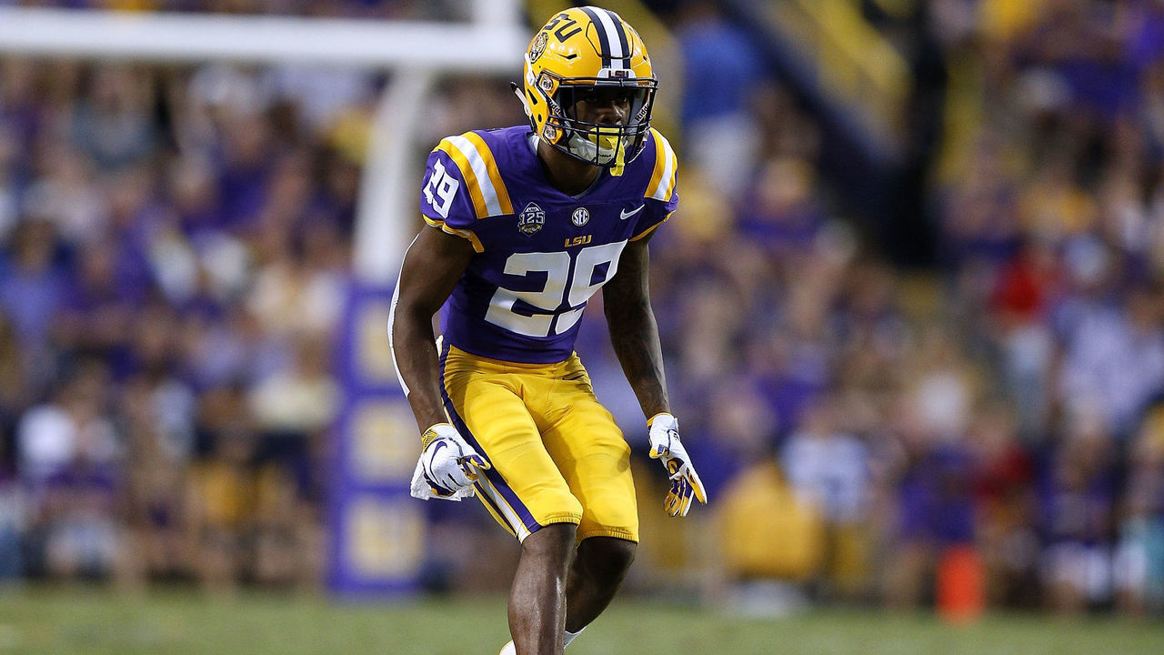 BATON ROUGE, LA - SEPTEMBER 22: Greedy Williams #29 of the LSU Tigers defends during a game against the Louisiana Tech Bulldogs at Tiger Stadium on September 22, 2018 in Baton Rouge, Louisiana.