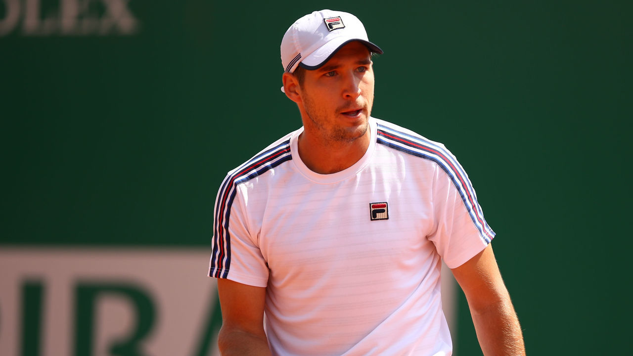 MONTE-CARLO, MONACO - APRIL 19: Dusan Lajovic of Serbia celebrates a point against Lorenzo Sonego of Italy in their quarter final match during day six of the Rolex Monte-Carlo Masters at Monte-Carlo Country Club on April 19, 2019 in Monte-Carlo, Monaco.