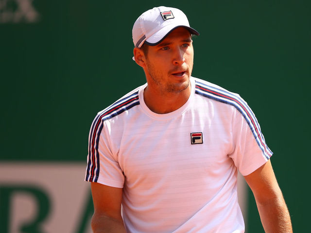 MONTE-CARLO, MONACO - APRIL 19: Dusan Lajovic of Serbia celebrates a point against Lorenzo Sonego of Italy in their quarter final match during day six of the Rolex Monte-Carlo Masters at Monte-Carlo Country Club on April 19, 2019 in Monte-Carlo, Monaco.
