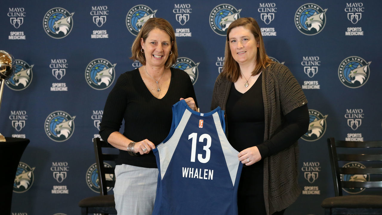 MINNEAPOLIS, MN - APRIL 18: Head Coach and General Manager of the Minnesota Lynx, Cheryl Reeve, former WNBA and Lynx player Lindsay Whalen pose for a photo as they announce the retirement of Lindsay Whalens number 13 at a press conference on April 18, 2019 at Target Center in Minneapolis, Minnesota. Mandatory Copyright Notice: Copyright 2018 NBAE