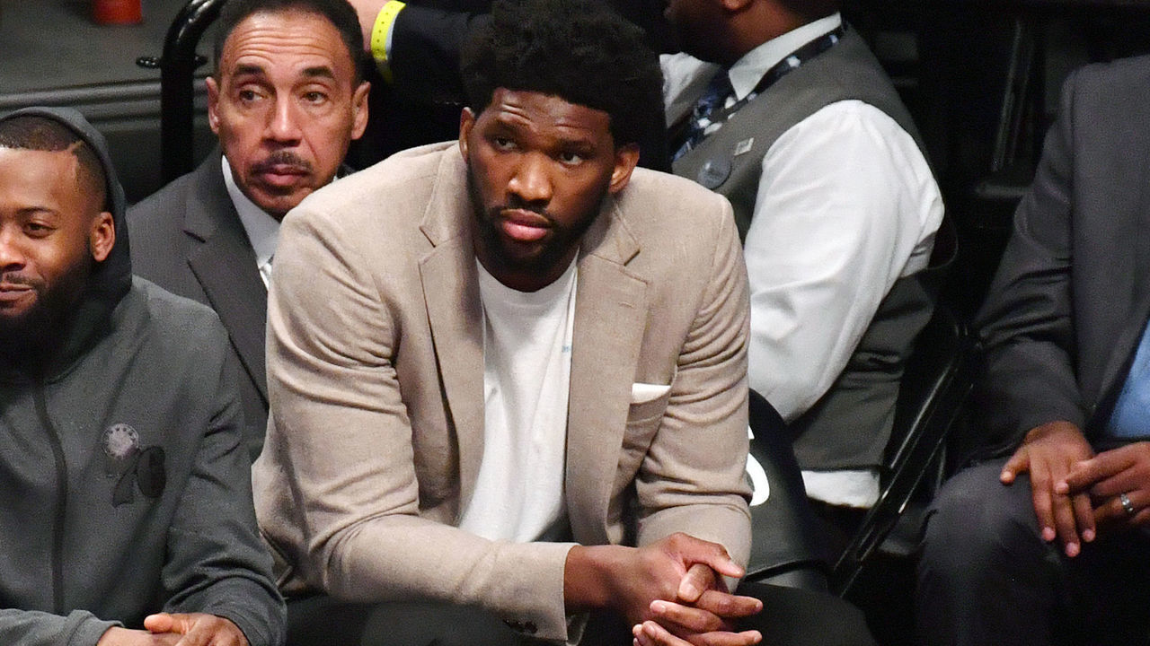 BROOKLYN, NY - APRIL 18: Joel Embiid #21 of the Philadelphia 76ers looks on against the Brooklyn Nets during Game Three of Round One of the 2019 NBA Playoffs on April 18, 2019 at the Barclays Center in Brooklyn, New York. NOTE TO USER: User expressly acknowledges and agrees that, by downloading and/or using this photograph, user is consenting to the terms and conditions of the Getty Images License Agreement. Mandatory Copyright Notice: Copyright 2019 NBAE