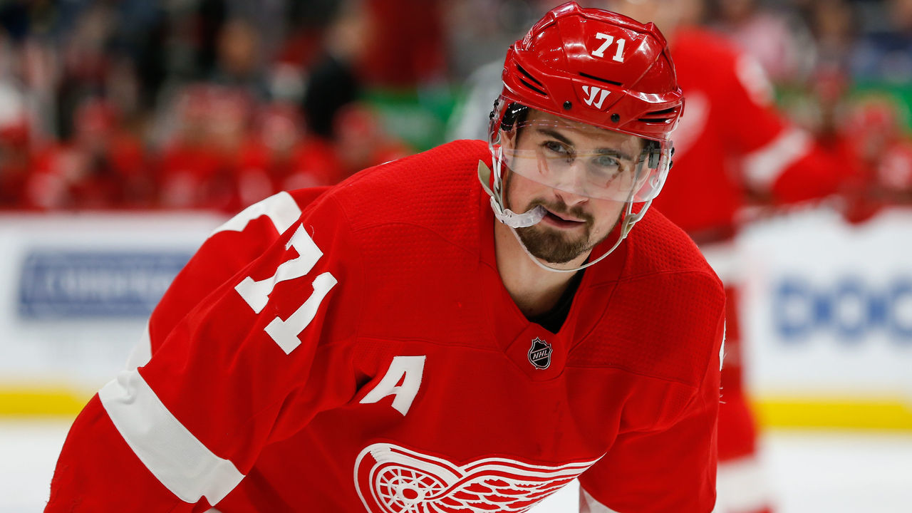 DETROIT, MI - FEBRUARY 24: Detroit Red Wings forward Dylan Larkin (71) looks on during a regular season NHL hockey game between the San Jose Sharks and the Detroit Red Wings on February 24, 2019. at Little Caesars Arena in Detroit, Michigan.