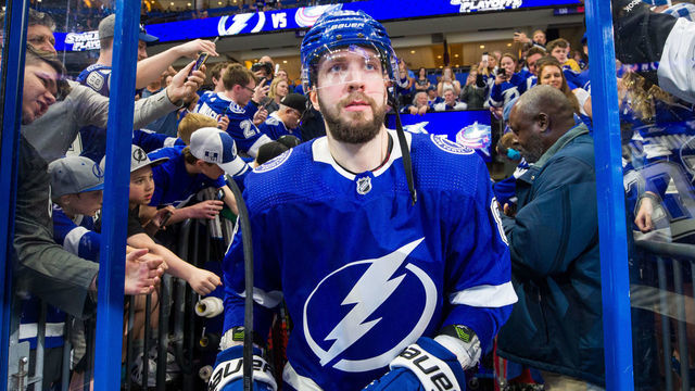 TAMPA, FL - APRIL 12: Nikita Kucherov #86 of the Tampa Bay Lightning steps out to the ice for pregame warm ups against the Columbus Blue Jackets before Game Two of the Eastern Conference First Round during the 2019 NHL Stanley Cup Playoffs at at Amalie Arena on April 12, 2019 in Tampa, Florida.