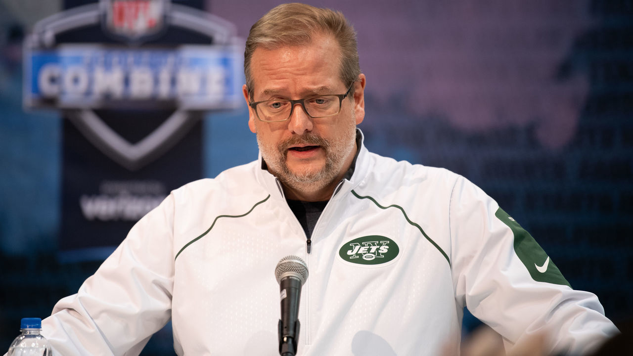 INDIANAPOLIS, IN - FEBRUARY 27: New York Jets general manager Mike Maccagnan answers questions from the media during the NFL Scouting Combine on February 27, 2019 at the Indiana Convention Center in Indianapolis, IN.