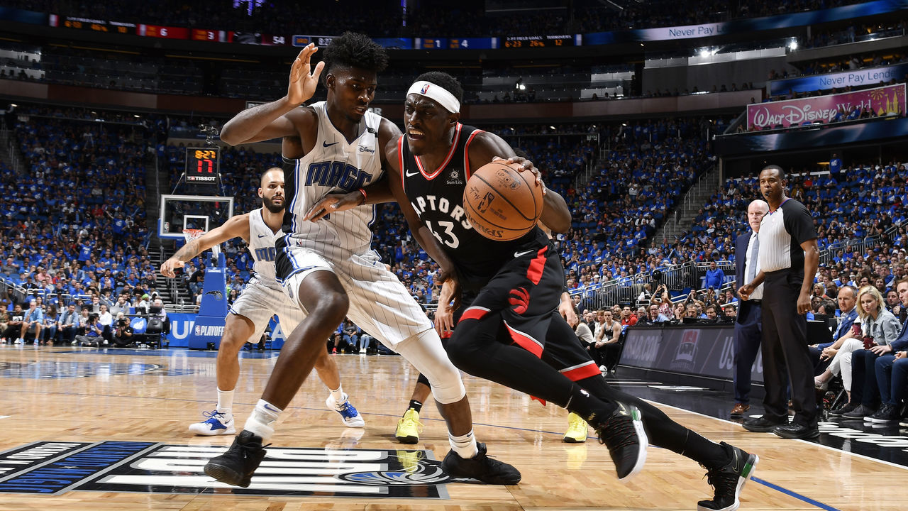 ORLANDO, FL - APRIL 19: Pascal Siakam #43 of the Toronto Raptors handles the ball against the Orlando Magic during Game Three of Round One of the 2019 NBA Playoffs on April 19, 2019 at Amway Center in Orlando, Florida. Mandatory Copyright Notice: Copyright 2019 NBAE