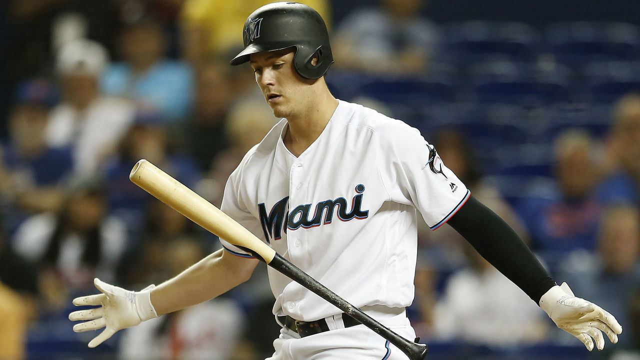 MIAMI, FLORIDA - APRIL 01: Brian Anderson #15 of the Miami Marlins reacts after a strikeout against the New York Mets in the eighth inning at Marlins Park on April 01, 2019 in Miami, Florida.