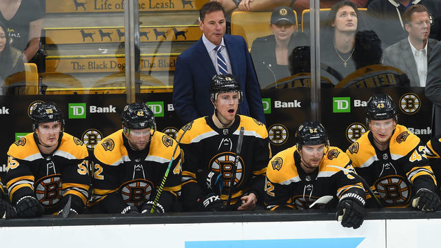 BOSTON, MA - APRIL 19: Head coach Bruce Cassidy of the Boston Bruins watches the third period against the Toronto Maple Leafs in Game Five of the Eastern Conference First Round during the 2019 NHL Stanley Cup Playoffs at the TD Garden on April 19, 2019 in Boston, Massachusetts.