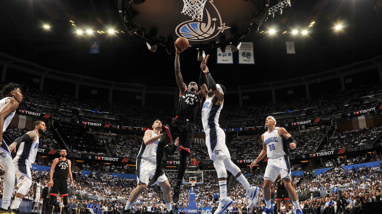 ORLANDO, FL - APRIL 19: Pascal Siakam #43 of the Toronto Raptors shoots the ball against the Orlando Magic during Game Three of Round One of the 2019 NBA Playoffs on April 19, 2019 at Amway Center in Orlando, Florida. Mandatory Copyright Notice: Copyright 2019 NBAE