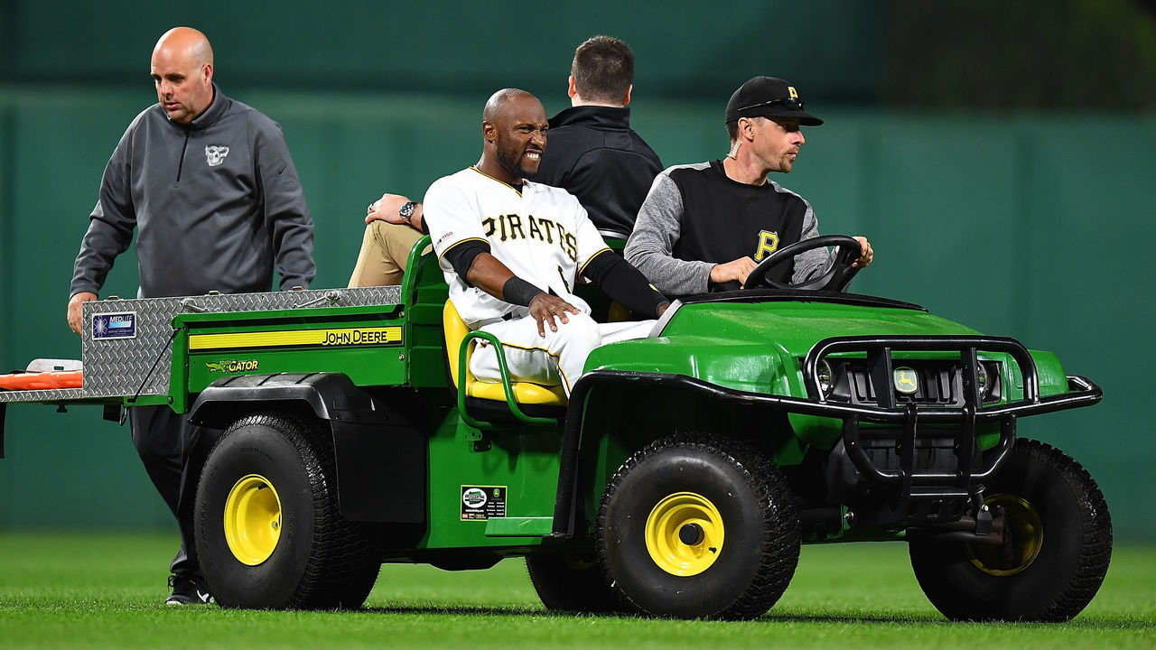 PITTSBURGH, PA - APRIL 19: Starling Marte #6 of the Pittsburgh Pirates is carted off the field after being injured during the eighth inning against the San Francisco Giants at PNC Park on April 19, 2019 in Pittsburgh, Pennsylvania.