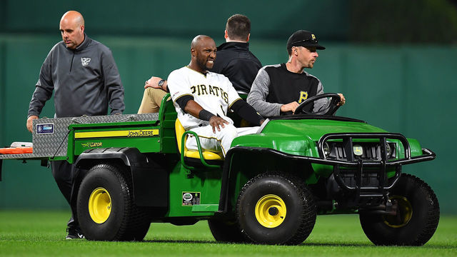 PITTSBURGH, PA - APRIL 19: Starling Marte #6 of the Pittsburgh Pirates is carted off the field after being injured during the eighth inning against the San Francisco Giants at PNC Park on April 19, 2019 in Pittsburgh, Pennsylvania.