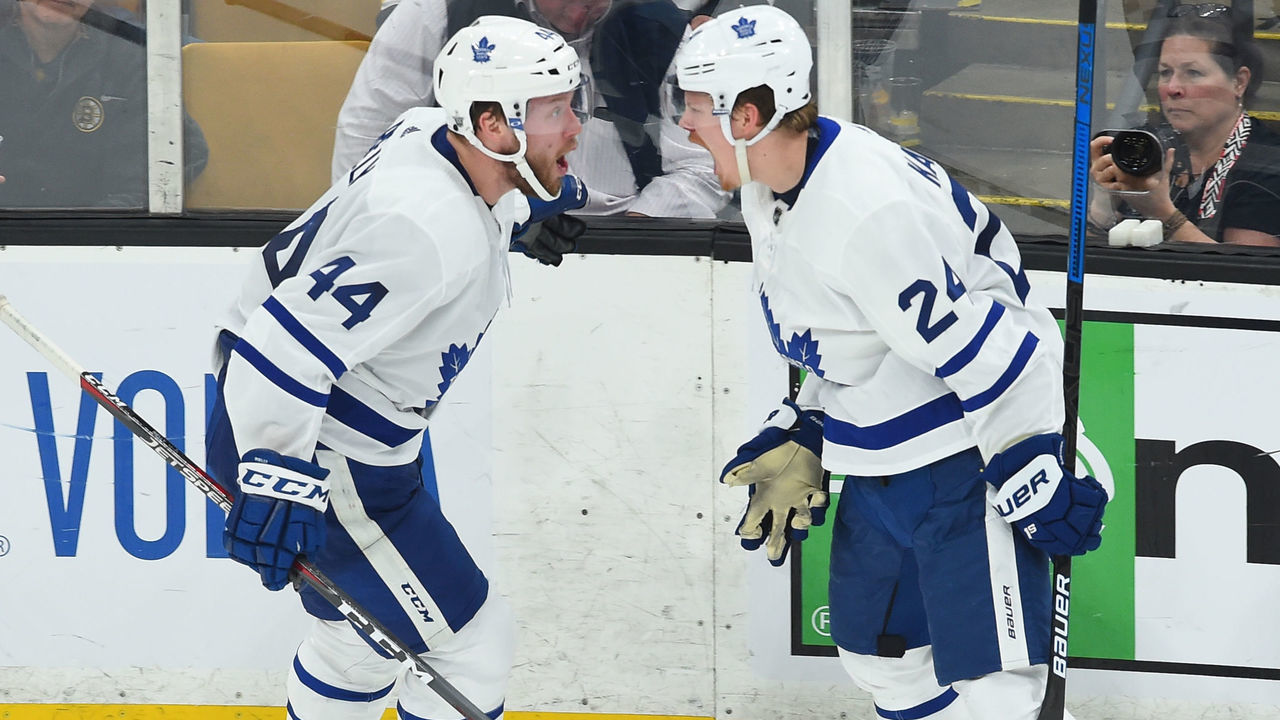 BOSTON, MA - APRIL 19: Morgan Rielly #44 and Kasperi Kapanen #24 of the Toronto Maple Leafs celebrate their goal against the Boston Bruins in Game Five of the Eastern Conference First Round during the 2019 NHL Stanley Cup Playoffs at the TD Garden on April 19, 2019 in Boston, Massachusetts.