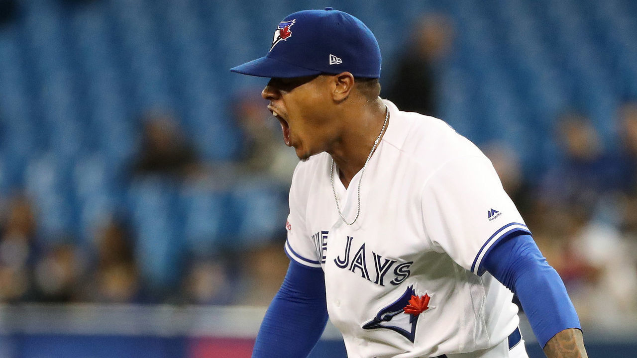 TORONTO, ON- APRIL 2 - Toronto Blue Jays starting pitcher Marcus Stroman (6) reacts after walking a batter after having him at 0-2 in the sixth inning as the Toronto Blue Jays play the Baltimore Orioles at the Rogers Centre in Toronto. April 2, 2019. (Steve Russell/Toronto Star via Getty Images)