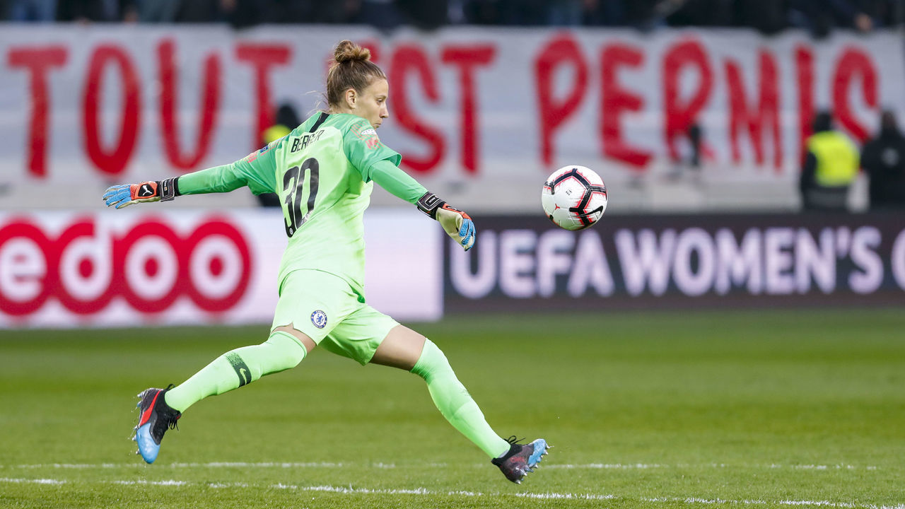 PARIS, FRANCE - MARCH 27: Ann-Katrin Berger #30 of Chelsea FC shoots the ball during the UEFA Women's Champions League: Quarter Final Second Leg match between Paris Saint-Germain and Chelsea Women at Stade Jean-Bouin on March 27, 2019 in Paris, France.