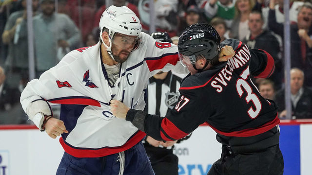 RALEIGH, NC - APRIL 15: Washington Capitals left wing Alex Ovechkin (8) and Carolina Hurricanes right wing Andrei Svechnikov (37) fight during a game between the Carolina Hurricanes and the Washington Capitals at the PNC Arena in Raleigh, NC on April 15, 2019.