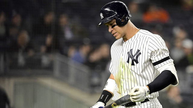 NEW YORK, NEW YORK - APRIL 18: Aaron Judge #99 of the New York Yankees reacts against the Kansas City Royals at Yankee Stadium on April 18, 2019 in New York City. The Royals defeated the Yankees 6-1.