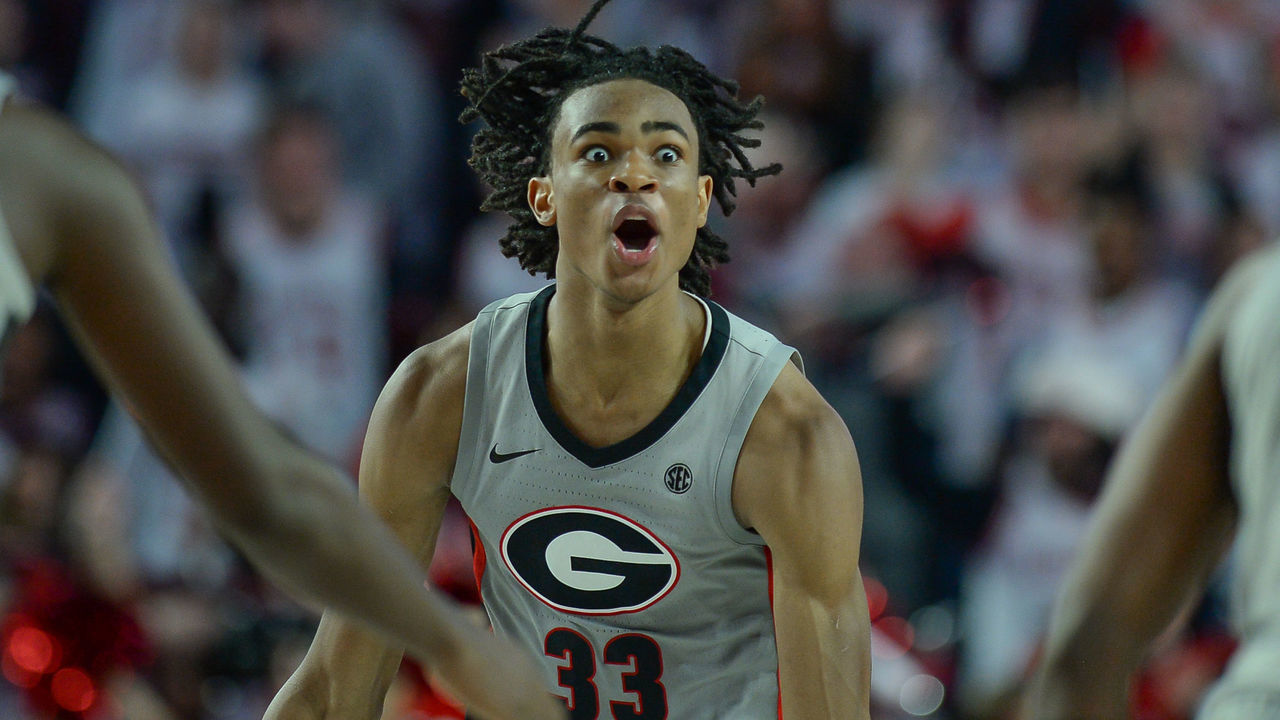 ATLANTA, GA JANUARY 19: Georgias Nicolas Claxton (33) reacts after dunking against the Florida defense during the game between the Florida Gators and the Georgia Bulldogs on January 19th, 2019 at Stegeman Coliseum in Athens, GA.