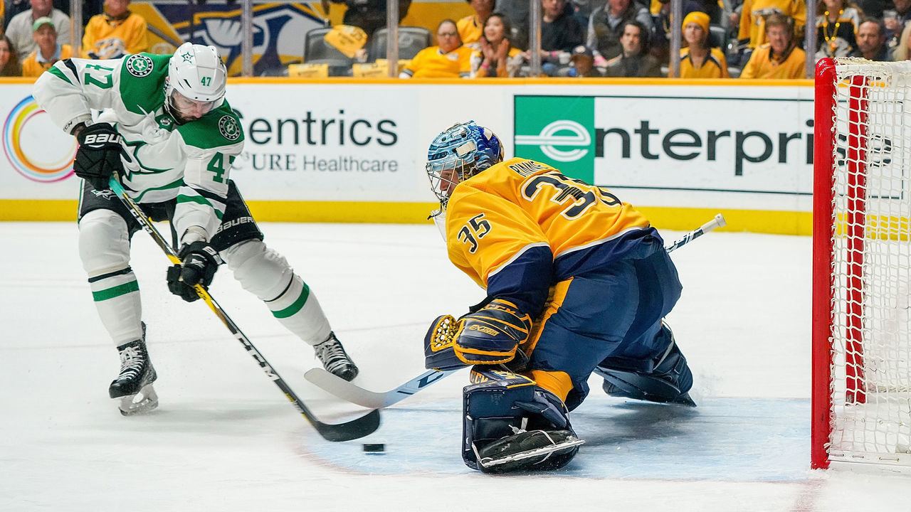 NASHVILLE, TN - APRIL 20: Pekka Rinne #35 of the Nashville Predators makes the save against Alexander Radulov #47 of the Dallas Stars in Game Five of the Western Conference First Round during the 2019 NHL Stanley Cup Playoffs at Bridgestone Arena on April 20, 2019 in Nashville, Tennessee.