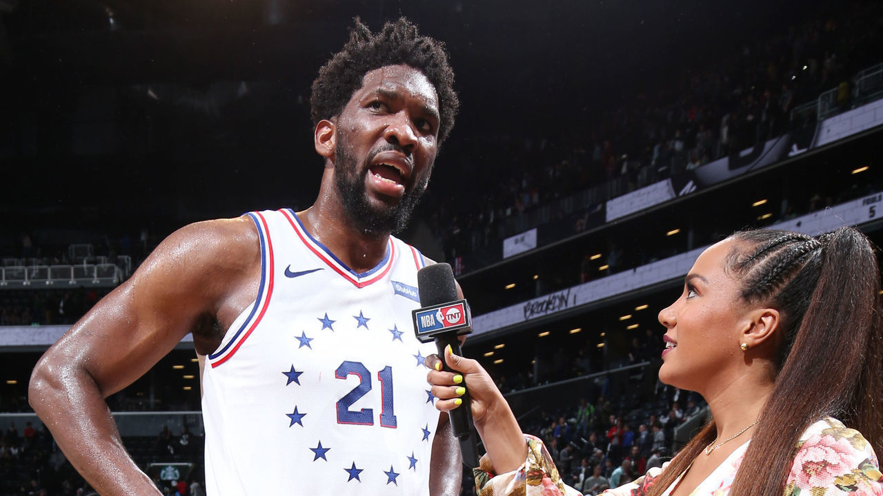 BROOKLYN, NY - APRIL 20: Joel Embiid #21 of the Philadelphia 76ers talks to the media after defeating the Brooklyn Nets in Game Four of Round One of the 2019 NBA Playoffs on April 20, 2019 at Barclays Center in Brooklyn, New York. Mandatory Copyright Notice: Copyright 2019 NBAE